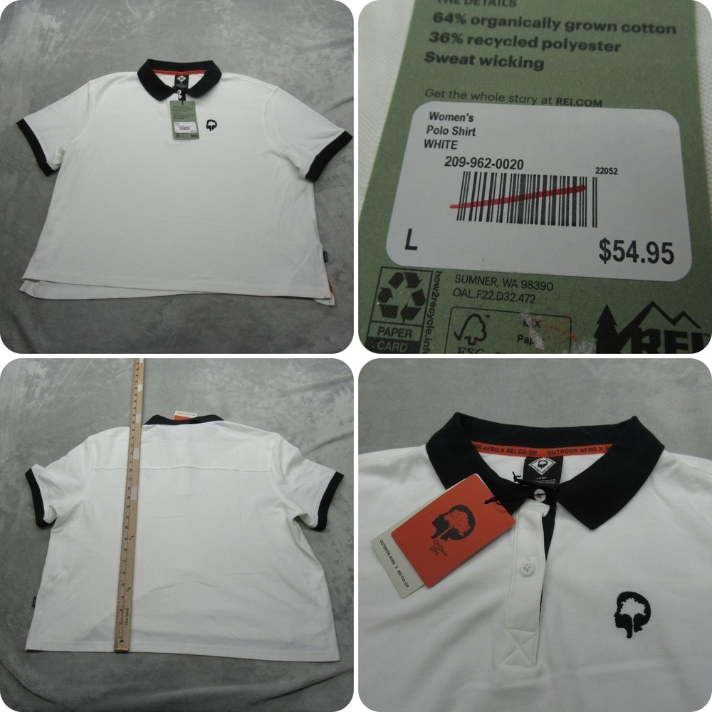 REI Co-op x Outdoor Afro Polo Shirt Women Large White Short Sleeve Casual NEW